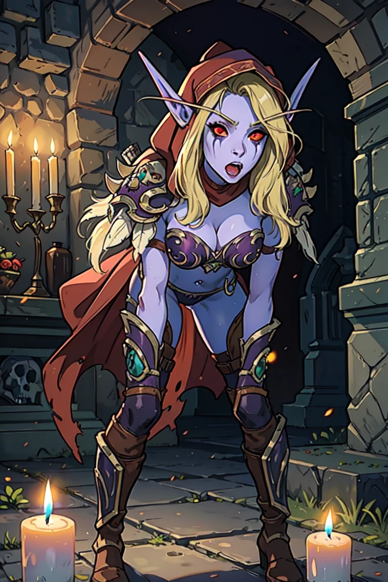 photorealism:1.4, masterpiece, best quality, highres:1.2, red eyes, blonde hair, sylvanas windrunner, 1girl, solo, elf, bikini armor, navel, navel piercing, pointy ears, hood, undead, glowing eyes, large breasts, blue skin, cleavage, quiver, boots, shoulder armor, indoors, dark interior, dark crypt, ancient crypt, candles, tombs, standing, sexy pose, legs together, leaning forward, leaning to the camera, curious, opened mouth