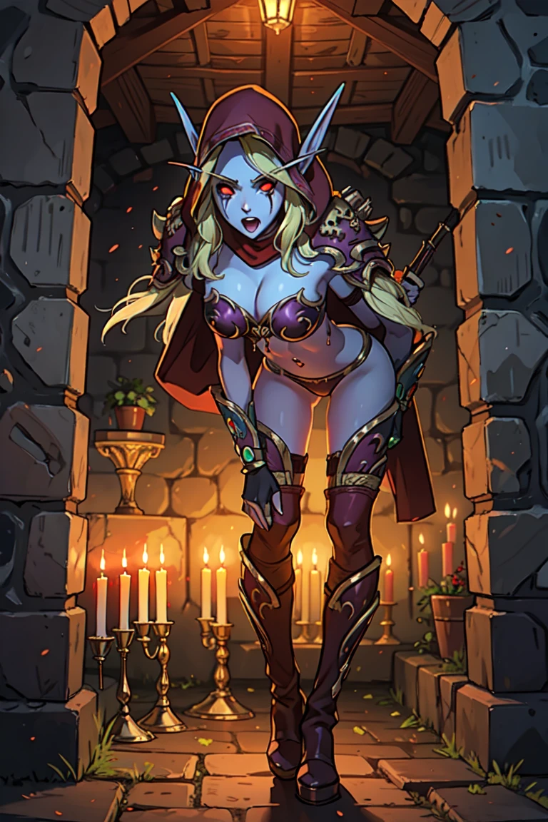 photorealism:1.4, masterpiece, best quality, highres:1.2, red eyes, blonde hair, sylvanas windrunner, 1girl, solo, elf, bikini armor, navel, navel piercing, pointy ears, hood, undead, glowing eyes, large breasts, blue skin, cleavage, quiver, boots, shoulder armor, indoors, dark interior, dark crypt, ancient crypt, candles, tombs, standing, sexy pose, legs together, leaning forward, leaning to the camera, curious, opened mouth