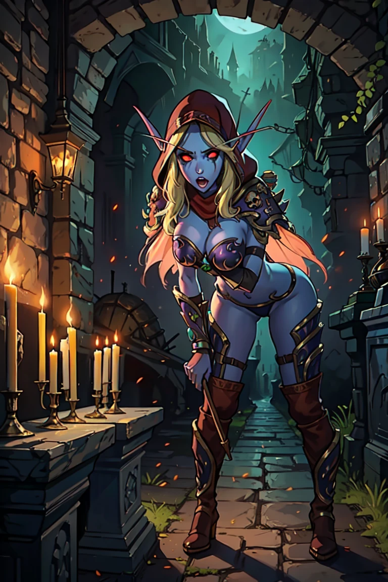 photorealism:1.4, masterpiece, best quality, highres:1.2, red eyes, blonde hair, sylvanas windrunner, 1girl, solo, elf, bikini armor, navel, navel piercing, pointy ears, hood, undead, glowing eyes, large breasts, blue skin, cleavage, quiver, boots, shoulder armor, indoors, dark interior, dark crypt, ancient crypt, candles, tombs, standing, sexy pose, legs together, leaning forward, leaning to the camera, curious, opened mouth