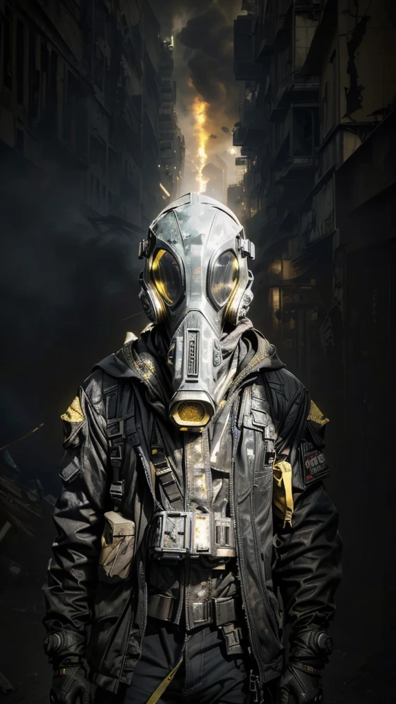 (Best Quality,16k,High Resolution,Masterpiece:1.2),Super Detail, male, Rebel, Masked, Rebel, Latex Gas Mask, Gas Mask With Yellow Accent Color, Disturbance, Dangerous Rebellion, Deep Hood, Dystopia, Post-Apocalypse, Disobedience, Anarchy, Rough Texture, Revolution, Building collapsed city, smoky toxic gas, weird lighting, burning sky, dim, ominous atmosphere, lost, social unrest, political turmoil