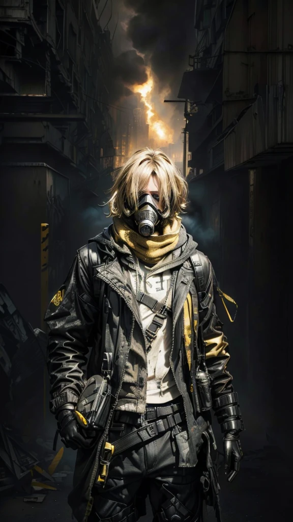 (Best Quality,16k,High Resolution,Masterpiece:1.2),Super Detail, male, Rebel, Masked, Rebel, Latex Gas Mask, Gas Mask With Yellow Accent Color, Disturbance, Dangerous Rebellion, Deep Hood, Dystopia, Post-Apocalypse, Disobedience, Anarchy, Rough Texture, Revolution, Building collapsed city, smoky toxic gas, weird lighting, burning sky, dim, ominous atmosphere, lost, social unrest, political turmoil