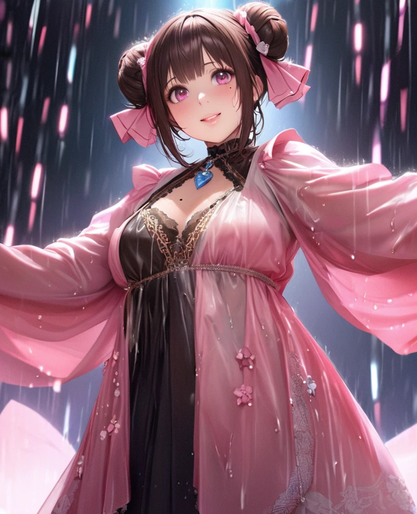 One Girl、Looking at the audience、lovely,
Beautiful pink eyes、Two brown double hair buns , Mole under the eye、Plump and glossy lips、Heart-shaped choca、Idol、Her name is Rico,smile、ー、。.。.。.。.。.。.。.。.。.。.。.。.。.。.。.。.。.。.3D、Realistic、
The idol's costume was soaked in the heavy rain, and her chest was wet and transparent.Heavy rain at outdoor concert, Drape clothes、gem、The decoration has been removed、Floral、Lace trim,On a glittering stage、
masterpiece、highest quality、8k、Detailed skin texture、Detailed cloth texture、Beautifully detailed face、Intricate details、Very detailed、
超A high resolution、8k Ultra HD、Film Grain、Best Shadow、delicate、Gazing at the audience、front