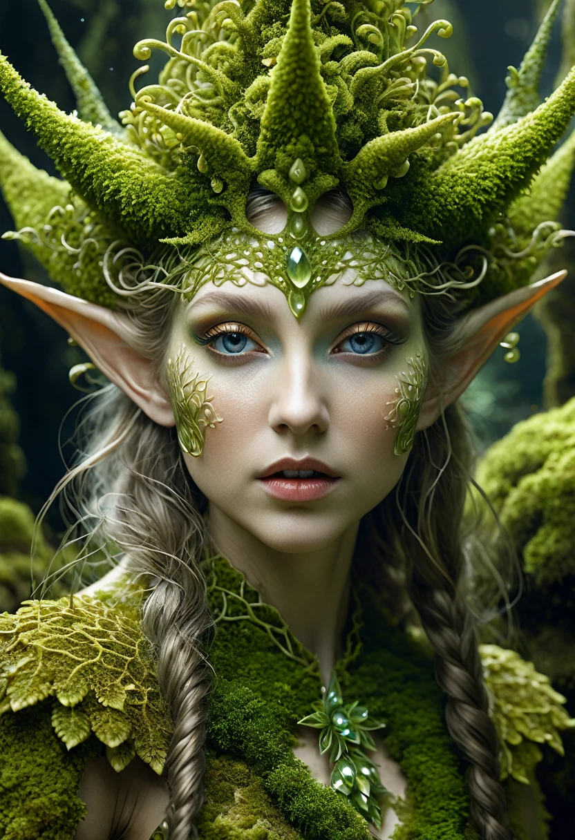 Closeup of a Surreal moss Elf with pointy ears in the styles of Ernst Haeckel, Arthur Rackham, Roger Dean, Jeff Wall, by Wolfgang Tillmans, Brooke Shaden $etching drawing illustration$ resin
detailed matte painting, deep color, fantastical, intricate detail, splash screen, complementary colors, fantasy concept art, 8k resolution trending on Artstation Unreal Engine 5, ethereal beauty, stunning beauty,