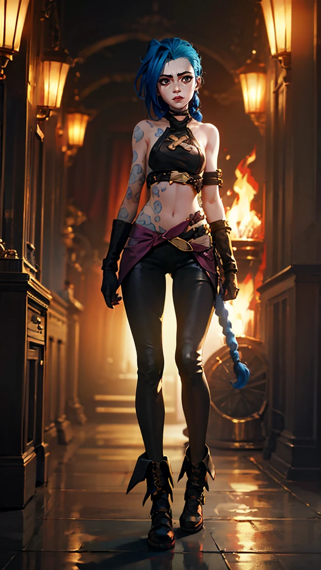 (masterpiece, Best quality), 1 girl, portrait, very y, crazy look, smile, crying, pink tears, tears on the cheeks, tears from eyes, full length (full body 1.1.), очень feminine, fighting stance, battle, fire, explosions, burning city, beautiful waist, gloomy composition, flame, fire, Flash, very beautiful, feminine, long hair, hair braided in long braids, very sextight leather pants, emphasis on the eyes, face accent, Beautiful face, Hands, Hair, Haired ponytail, red purple eyes, Джинкс crying, Blue cloud tattoo, (masterpiece, Best quality), Side lighting, beautiful detailed eyes, crazy face), (Best quality), (masterpiece), magic photography, Spectacular lighting, Photorealism, ultra detailed, интимная portraitная композиция, 1. 4,8 k UHD, aesthetic, Cd., A high resolution, 8 k, better lighting, Best shade, Ultra-HD, A high resolution, sharp focus, complex background, Cinematic lighting, ((Landscape view)), 4K block, (better lighting), ((Cinematic lighting)),