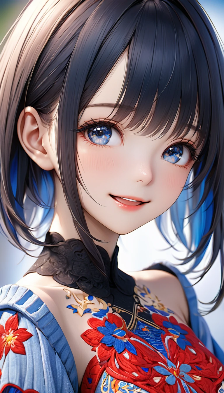 (Highest quality, 8k, 32K, masterpiece, Ultra-high resolution):1.2, Blurred Background, Great photo with beautiful saturation, Ultra-high resolution,(Realistic:1.4)),Deep Shadow,(Highest quality), ultra Realistic,32K,Highly detailed CG Unity, Expressive eyes, Perfect Face, Perfect Anatomy, Perfect body, scene, One Girl, Open your mouth, Middle-length hair with bangs, Provides moisture to the eye area, Textured skin, Highest quality, 8k, Blurred Background,  smile, A woman with perfect style,  (Colorful patterns(Red and blue embroidery)girl&#39; China dress:1.2), look forward to, Looking into the camera,(I can see your chest),