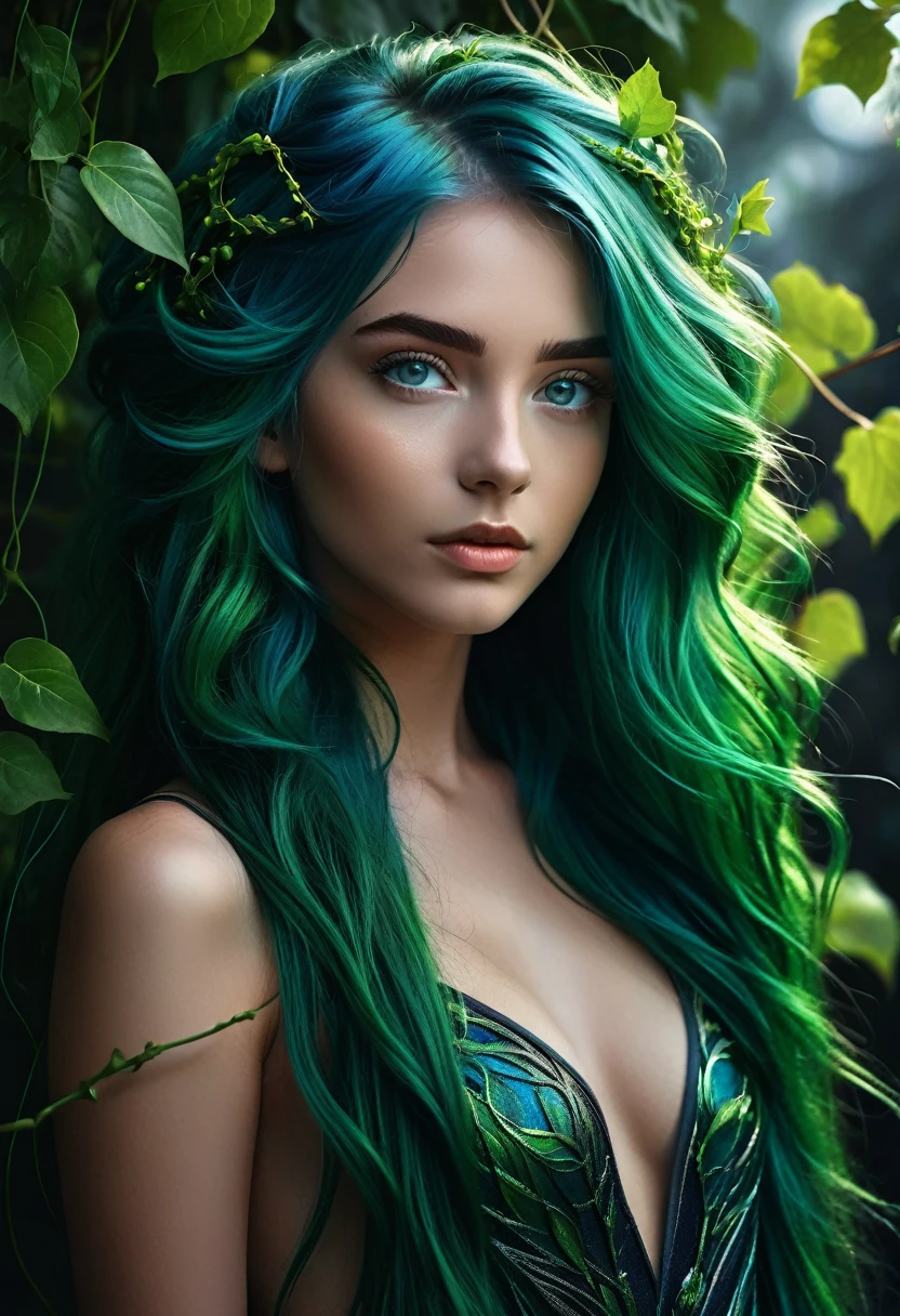 a girl with green hair and blue eyes is standing in front of a dark background, perfect body, green flowing hair, body wrapped around by vines, girl with cosmic hair, 8k high quality detailed photoart, fantasy art style, detailed digital art,  photographic fantasy artwork, epic fantasy art style hd