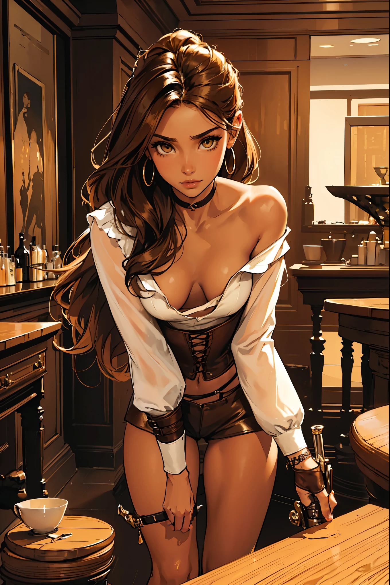 (masterpiece), best quality, expressive eyes, perfect face, (tavern background), (standing), (smirk), (closeup view), (1girl, vanessa alessia, dark skin, tanned skin, brown hair, wavy hairstyle, brown eyes, hourglass figure, thin body, skinny body, petite_body, medium breasts, thick thighs, long fingernails, white front lace blouse, long sleeve, loose fit, brown leather corset, brown leather shorts, brown boots, sheathed cutlass sword, flintlock pistol in holster, hoop earrings, miscellaneous jewelry),  big breasts, stripping, elegant makeup, exhibitionism, naked in public, , slim thighs, toned body, shiny skin, sexy pose,narrow hips, wearing high hip thong and see-through top, amber eyes, (((girl stripping on table))) extendeddownblouse_v10