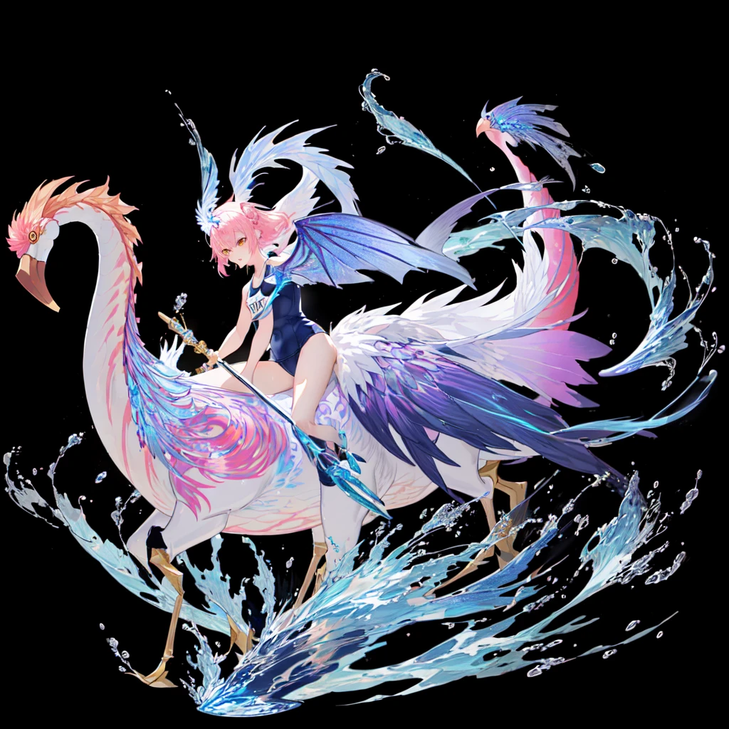 anime girl riding a flamingo with a sword and a sword, mythical creature, by Yuumei, onmyoji detailed art, jellyfish phoenix dragon, iridescence water elemental, highly detailed exquisite fanart, water type, mizutsune, water demon, high detailed official artwork, commission for high res, a mythical creature, splashcreen character art, water element, (((School swimsuit)))