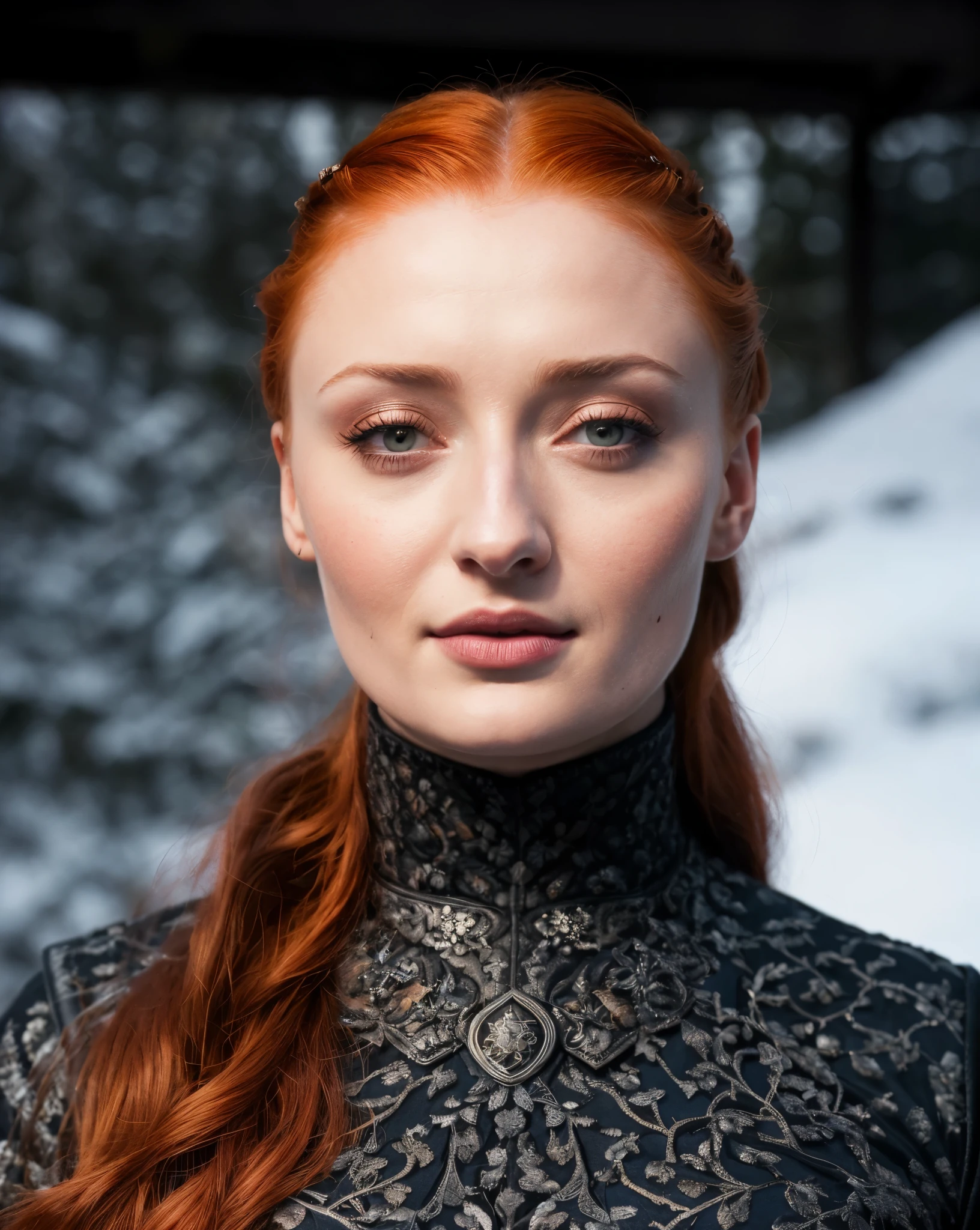 Face of Sophie Turner, Sansa Stark played by Sophie Turner, the de facto Lady of the Eyrie, is a 40-year-old mature queen with a stunning, alluring appearance. Full Face, Full figured woman, pierced eyes, reddish lips, upper body shot, erotic Mediaeval costumes, game of thrones costumes, She wears a Game of Thrones-inspired costume and has a deep cleavage, a perfect thick body, and a perfect thick figure. The photograph captures her in a close-up, with her skin texture and facial features being ultra-realistic and realistic. Juicy thick figure, high quality skin, Skin pores, amazing details, snow, snow flakes, semi realistic, extremely detailed eyes, dark moody orange and black settings, cool environment, artificial intelligence, winter, winter scene,