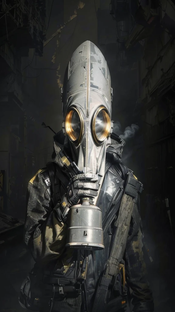 (Best Quality,16k,High Resolution,Masterpiece:1.2),Super Detail, male, Rebel, Masked, Rebel, Latex Gas Mask, Gas Mask With Yellow Accent Color, Disturbance, Dangerous Rebellion, Deep Hood, Dystopia, Post-Apocalypse, Disobedience, Anarchy, Rough Texture, Revolution, Building collapsed city, smoky toxic gas, weird lighting, burning sky, dim, ominous atmosphere, lost, social unrest, political turmoil