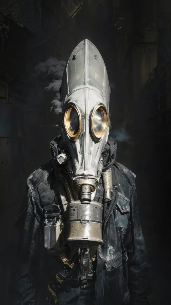 (Best Quality,16k,High Resolution,Masterpiece:1.2),Super Detail, male, Rebel, Masked, Rebel, Latex Gas Mask, Gas Mask With Yellow Accent Color, Disturbance, Dangerous Rebellion, Deep Hood, Dystopia, Post-Apocalypse, Disobedience, Anarchy, Rough Texture, Revolution, Building collapsed city, smoky toxic gas, weird lighting, burning sky, dim, ominous atmosphere, lost, social unrest, political turmoil