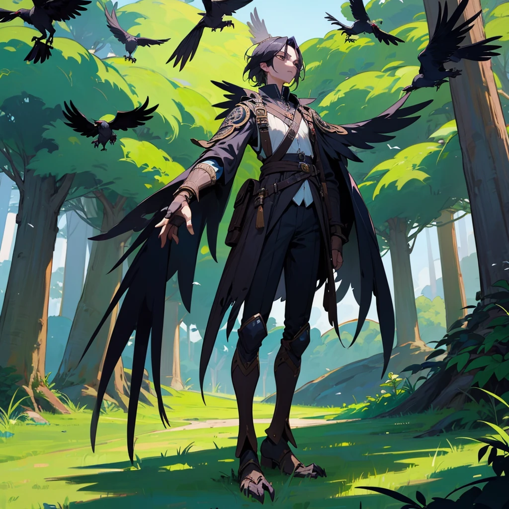 prospect(Anthropomorphic crow、Wearing ancient adventurer gear、The arms and hands are integrated with the bird's wings, and there are no bird wings on the back. Only the arms and hands have bird wings.、The feet are claws)、With background (Dense forest)