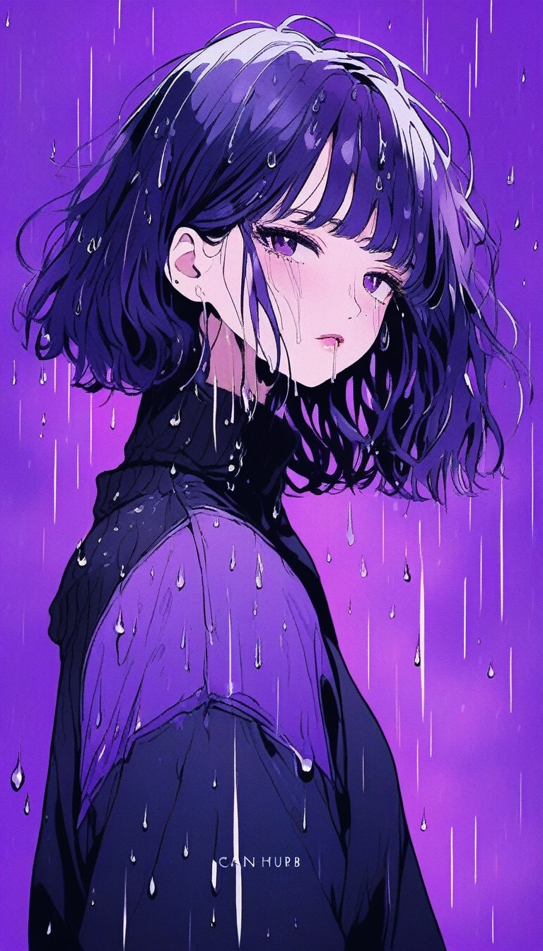 Illustrator, anime , Realistic ,sketch , Abstract rain on background、1 girl, ,lip, sweater,order, Purple gradient background, Purple Hair,Short Bob、blackｔshirt、Textured Trim, Canadian, (masterpiece,Highest quality) Cancer