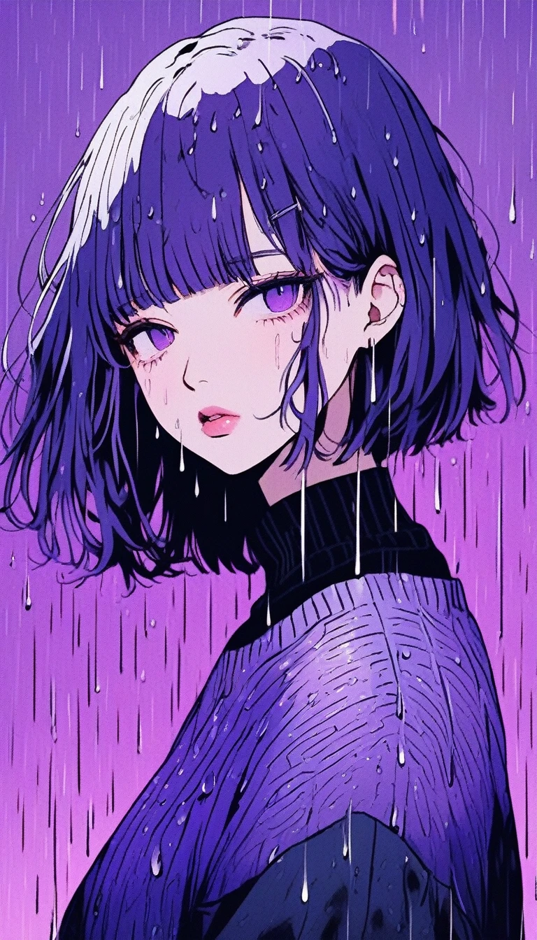 Illustrator, anime , Realistic ,sketch , Abstract rain on background、1 girl, ,lip, sweater,order, Purple gradient background, Purple Hair,Short Bob、blacktshirt、Textured Trim, Canadian, (masterpiece,Highest quality) Cancer