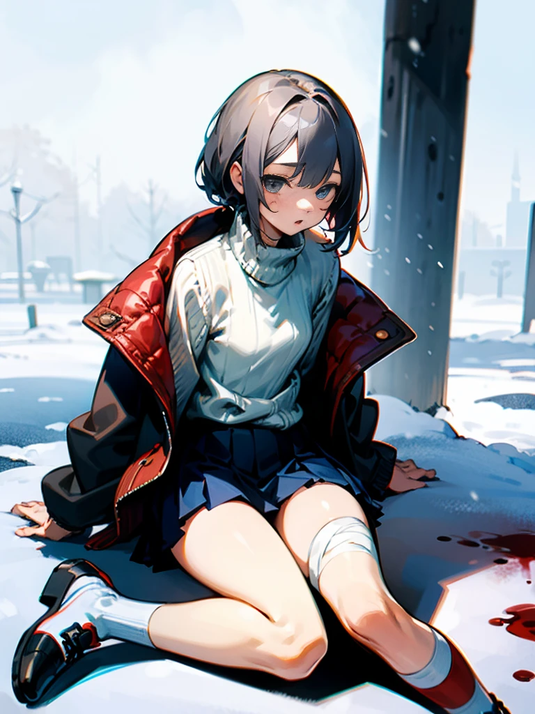 a girl,15 years old,Waistless sweater,jacket,Pleated skirt,White socks,thigh injury,bandage,Blood,Snow,whole body,thin,small thin legs,thin legs,thin waist