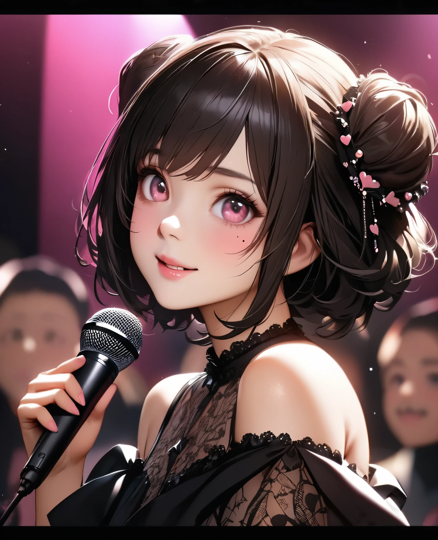 One Girl、Looking at the audience、lovely,
Beautiful pink eyes、Two brown double hair buns , Mole under the eye、Plump and glossy lips、Heart-shaped choca、Idol、Her name is Rico,smile、Hold the microphoneー、。.。.。.。.。.。.。.。.。.。.。.。.。.。.。.。.。.。.3D、Realistic、
off shoulder dress, Drape clothes、gem、The decoration has been removed、Floral、Lace trim,On a glittering stage、
masterpiece、highest quality、8k、Detailed skin texture、Detailed cloth texture、Beautifully detailed face、Intricate details、Very detailed、
超A high resolution、8k Ultra HD、Film Grain、Best Shadow、delicate、Gazing at the audience、front