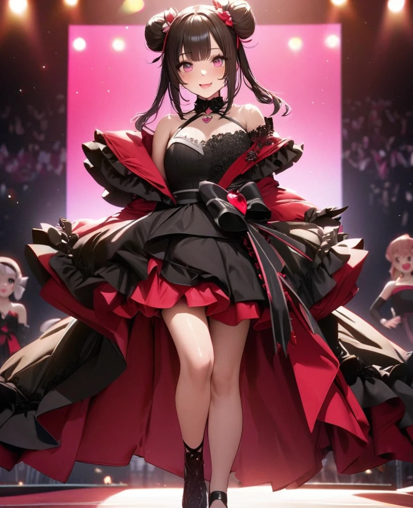 One Girl、Looking at the audience、lovely,
Beautiful pink eyes、Two brown double hair buns , Mole under the eye、Plump and glossy lips、Heart-shaped choca、Idol、Her name is Rico,smile、Hold the microphoneー、。.。.。.。.。.。.。.。.。.。.。.。.。.。.。.。.。.。.3D、Realistic、
off shoulder dress, Drape clothes、gem、The decoration has been removed、Floral、Lace trim,On a glittering stage、
masterpiece、highest quality、8k、Detailed skin texture、Detailed cloth texture、Beautifully detailed face、Intricate details、Very detailed、
超A high resolution、8k Ultra HD、Film Grain、Best Shadow、delicate、Gazing at the audience、front