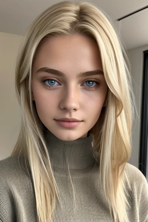 1girl in, age19, Allein, lange Haare, Kolossal , Betrachter betrachten, blondes Haar, nackten Schultern, braune Augen, Juwelier, Full body, eine Halskette, schulterfrei, Pullover, Realistisch, Eine sexy