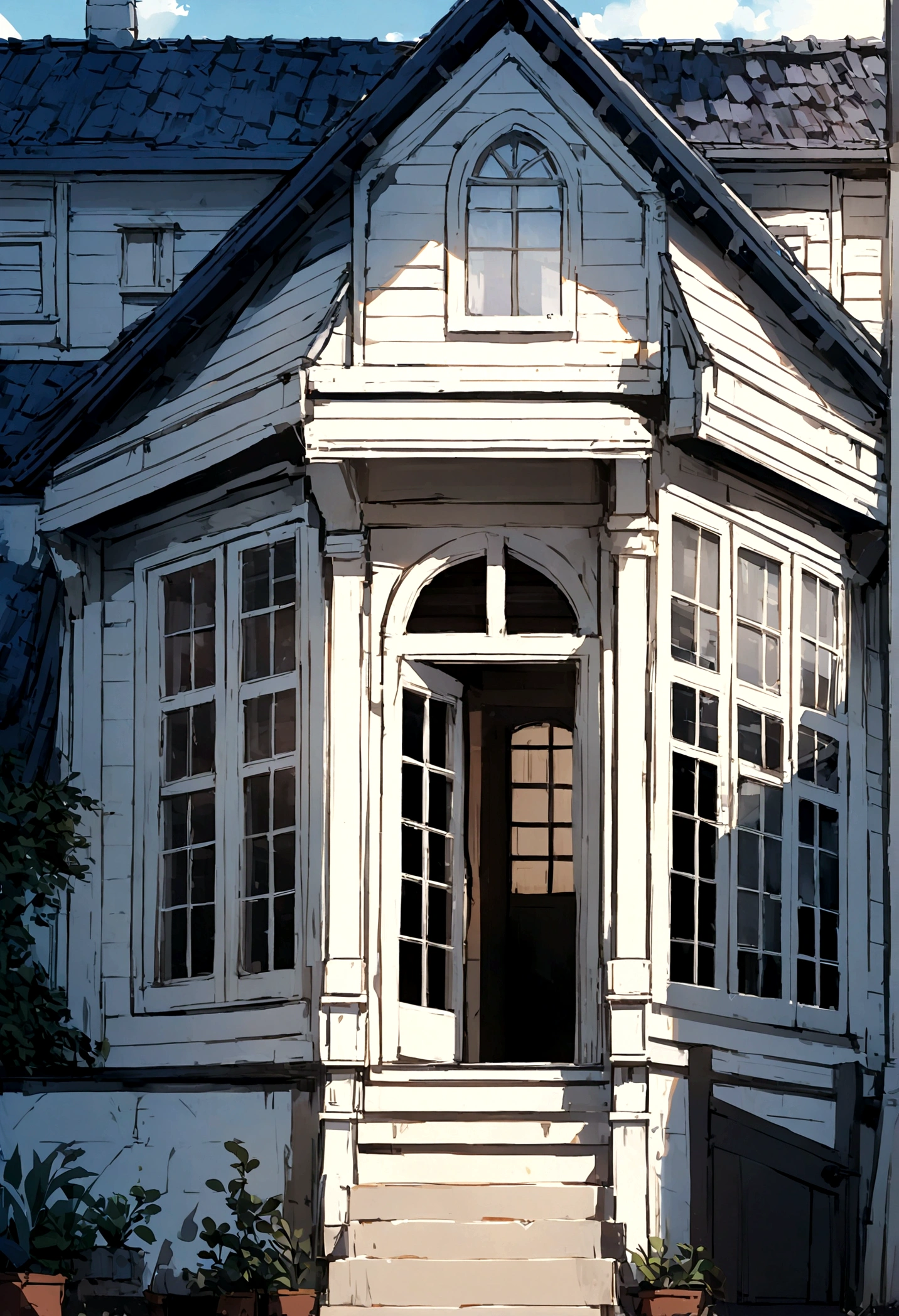 a white two-story house with a bay window in the middle, windows on the sides of the bay window, a gable roof and an entrance at the side of the house.