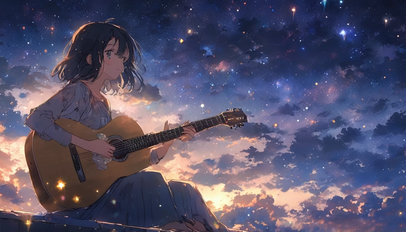 Imagine a scene of a girl playing the guitar alone while gazing at the stars.. anime, Black Hair, That&#39;s her charm.