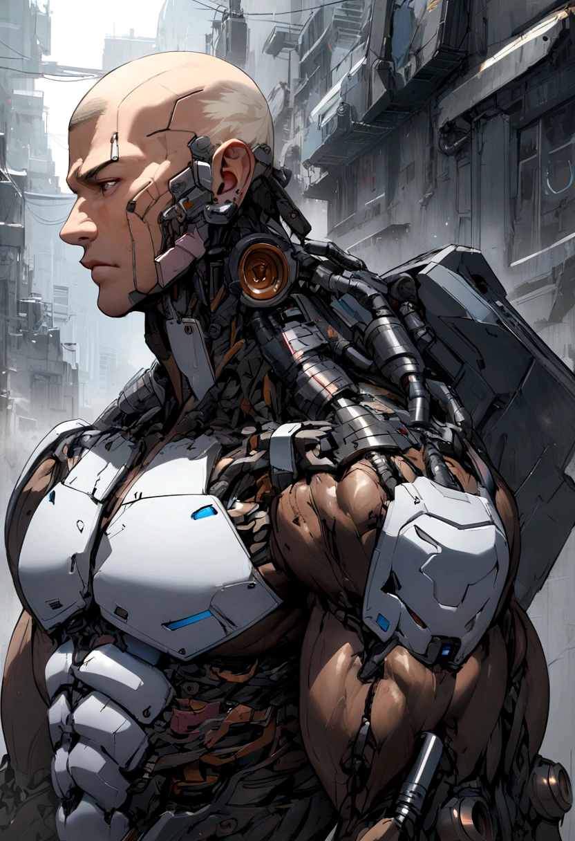 humanoid man, shaved hair, muscular and black