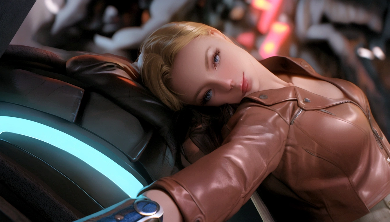 Blonde woman in leather jacket leaning on a wall with a neon light, Kristanna Loken, fatalidad cara hermosa