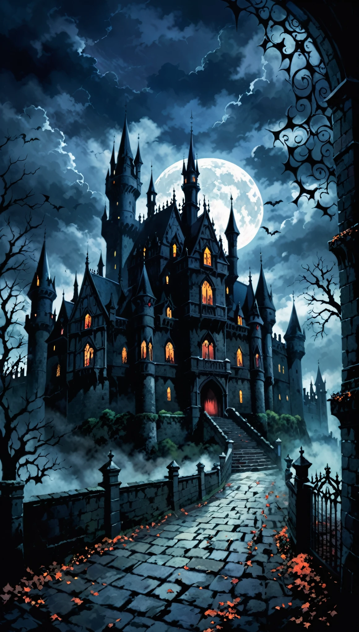 background、A gloomy scene in a horror castle、Gothic style、ダークなイメージのbackgroundの庭、The red moon is out