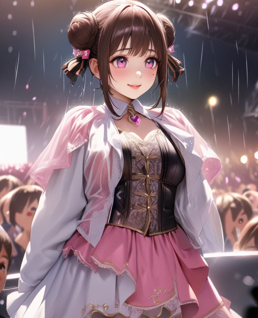 One Girl、Looking at the audience、lovely,
Beautiful pink eyes、Two brown double hair buns , Mole under the eye、Plump and glossy lips、Heart-shaped choca、Idol、Her name is Rico,smile、ー、。.。.。.。.。.。.。.。.。.。.。.。.。.。.。.。.。.。.3D、Realistic、
The idol's costume was soaked in the heavy rain, and her chest was wet and transparent.Heavy rain at outdoor concert, Drape clothes、gem、The decoration has been removed、Floral、Lace trim,On a glittering stage、
masterpiece、highest quality、8k、Detailed skin texture、Detailed cloth texture、Beautifully detailed face、Intricate details、Very detailed、
超A high resolution、8k Ultra HD、Film Grain、Best Shadow、delicate、Gazing at the audience、front