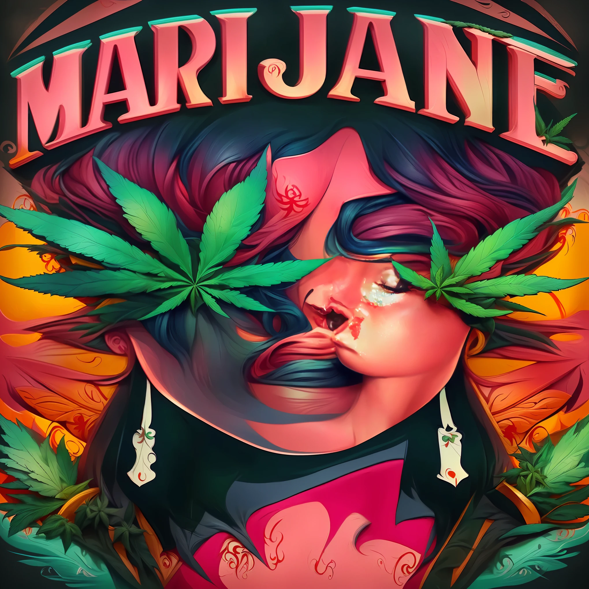 a woman with blue hair and green leaves in her hair, extremely high quality artwork, in style of digital illustration, personification of marijuana, trending on artstration, colored illustration for tattoo, princess of cannabis, highly detailed vector art, highly detailed illustration, high quality illustration, stunning art style, beautiful digital illustration, digital art high quality, a beautiful artwork illustration, mary jane