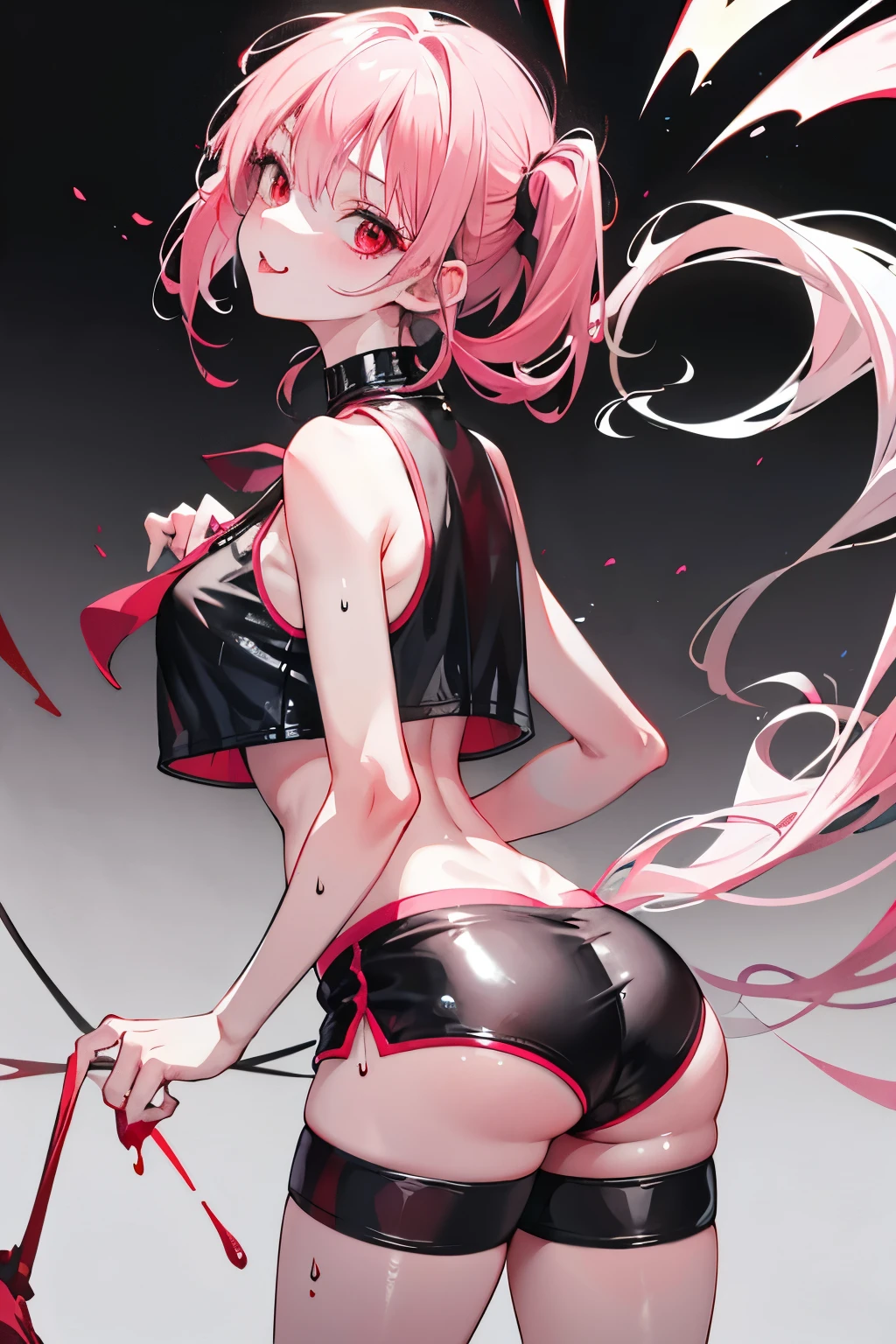 underdressing，Love，Playful，Sticking out tongue，Red Eyes，Sweat，Soaked，liquid，transparent，Expression of disgust，Back，Cropped tops，Leather Shorts，succubus，pink