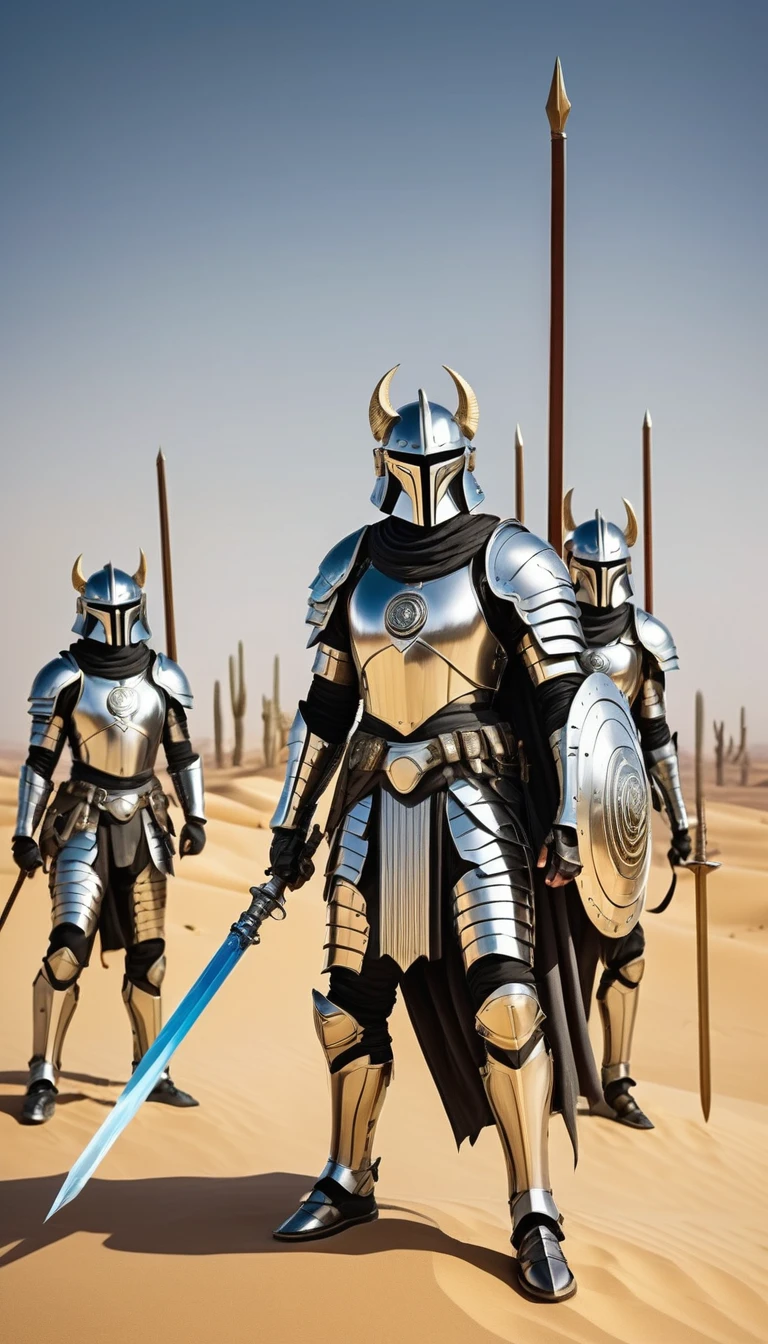 squads of warrior men with silver sabers in the desert, silver armor with symbols of semicircles, against the backdrop of an Arab city made of gold