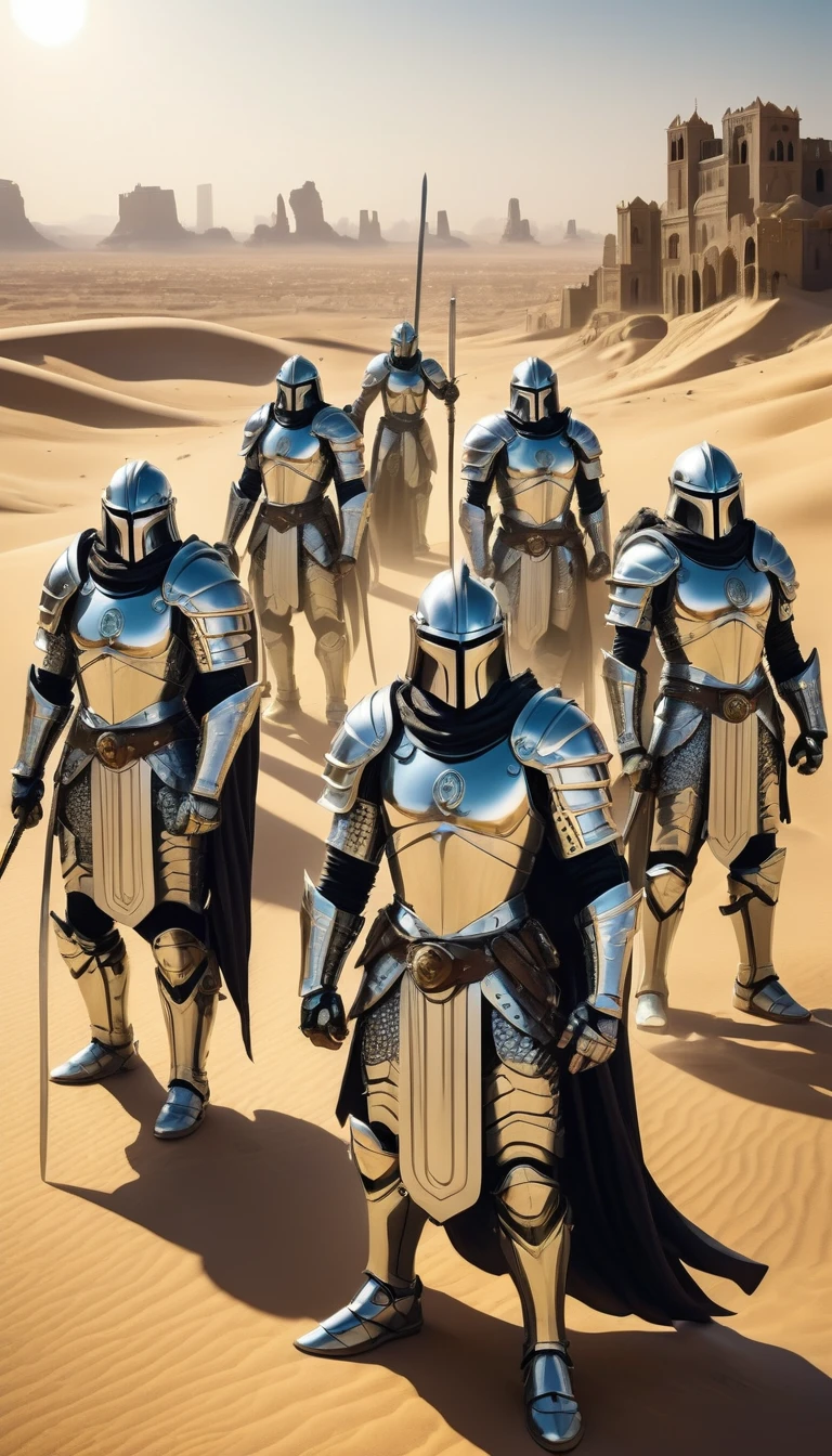 squads of warrior men with silver sabers in the desert, silver armor with symbols of semicircles, against the backdrop of an Arab city made of gold