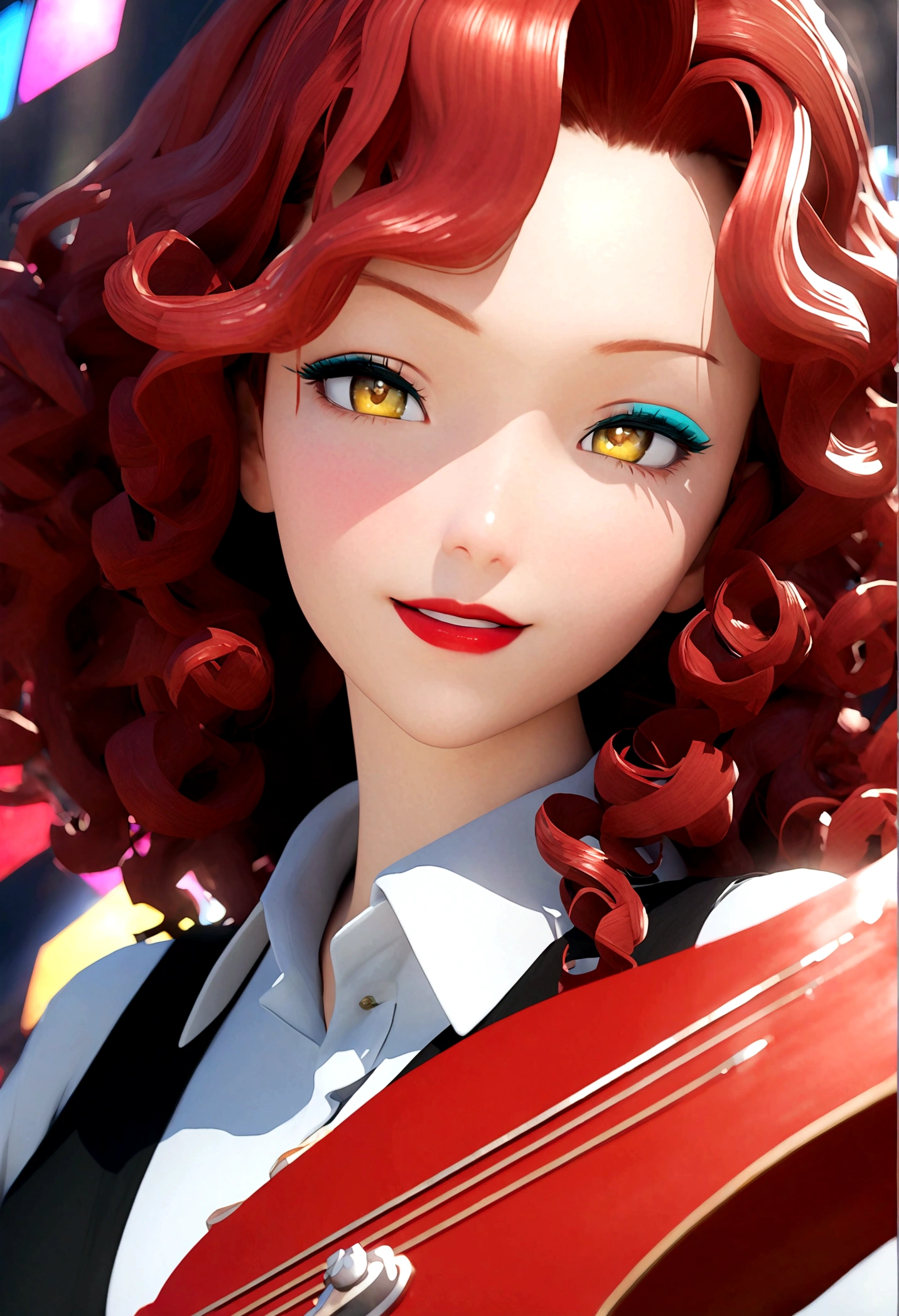 3D anime character,animate,real,(face focus,close up,portrait),1 girl,30 years old,glamorous,medium hair,((perm)),wavy hair,red hair,forehead,Voluminous curly hair,seductive smile,Light blue eyeshadow,red eyebrows,yellow eyes,tsurime,narrow eyes,half opend eyes,red lips,Confident expression,light smile,calm,looks crisp,black vest,white shirt,collared shirt,Unbutton the top button of shirt,black pants, BREAK standing,singing,play the red guitar,stage,The background features bold,colorful lettering and stage lights,capturing a lively,energetic performance