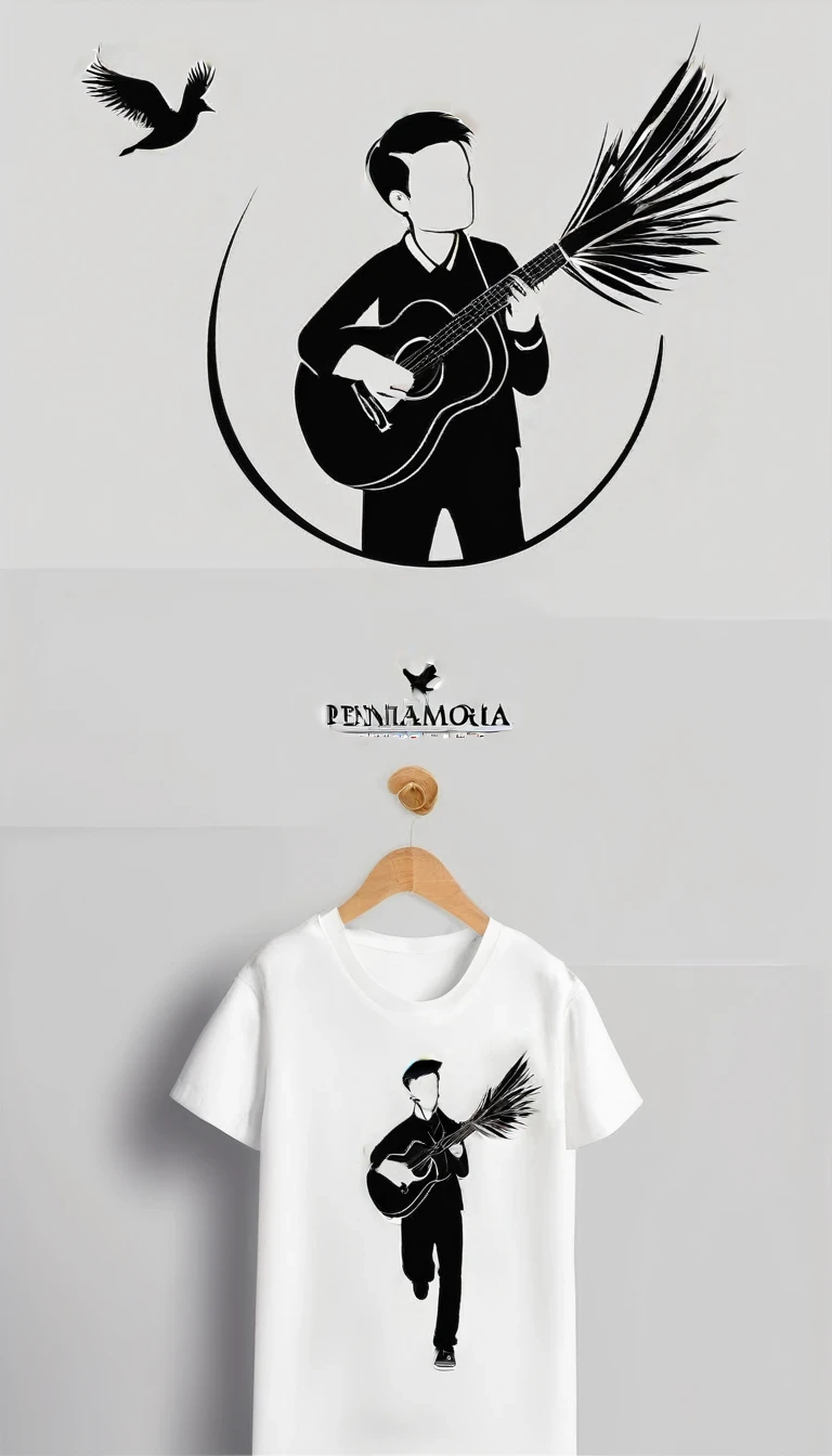 Create a modern, minimalistic logo design for a brand about music and movies called "PENAMEMORIA". The logo must be in minimalistic style and convey a sense of storytelling. The logo is a simple silhouette of a boy happily running with open arms and holding an acoustic guitar in his right hand. The boy is playing with a bird and a feather. Modern logo, unique, creative, fantastic, impressed on a white-shirt. Logo design with light colors