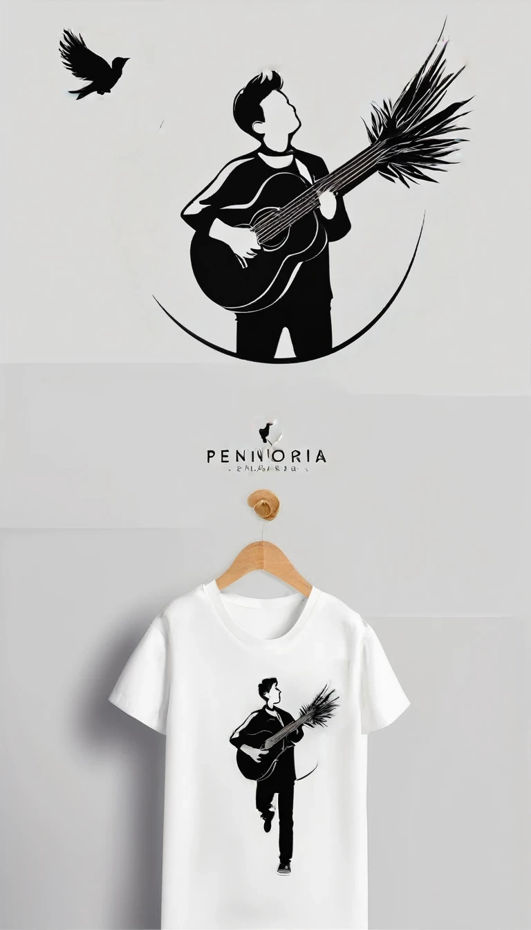 Create a modern, minimalistic logo design for a brand about music and movies called "PENAMEMORIA". The logo must be in minimalistic style and convey a sense of storytelling. The logo is a simple silhouette of a boy happily running with open arms and holding an acoustic guitar in his right hand. The boy is playing with a bird and a feather. Modern logo, unique, creative, fantastic, impressed on a white-shirt. Logo design with light colors
