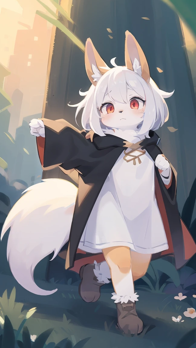 Rori the fox, riding on wolf, was hairy, shaggy, skin fur, smooth lashes, white fur, forelimb hands, straight long white hair, solid circle eyes, ((goat horns)), white facial fur, shiny hair, red eyes, super cute face, 1goat tail, fluffy tail, furry tail, glowing eyes, green cloak, white skirt, standing, sad face, ambient light, ultra-fine fur, dashed eyes, full body, masterpiece, high quality, high-details, best quality, wide short, (((solo)))