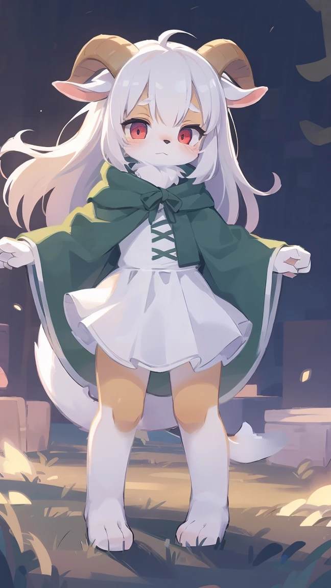 Rori the fox, riding on wolf, was hairy, shaggy, skin fur, smooth lashes, white fur, forelimb hands, straight long white hair, solid circle eyes, ((goat horns)), white facial fur, shiny hair, red eyes, super cute face, 1goat tail, fluffy tail, furry tail, glowing eyes, green cloak, white skirt, standing, sad face, ambient light, ultra-fine fur, dashed eyes, full body, masterpiece, high quality, high-details, best quality, wide short, (((solo)))