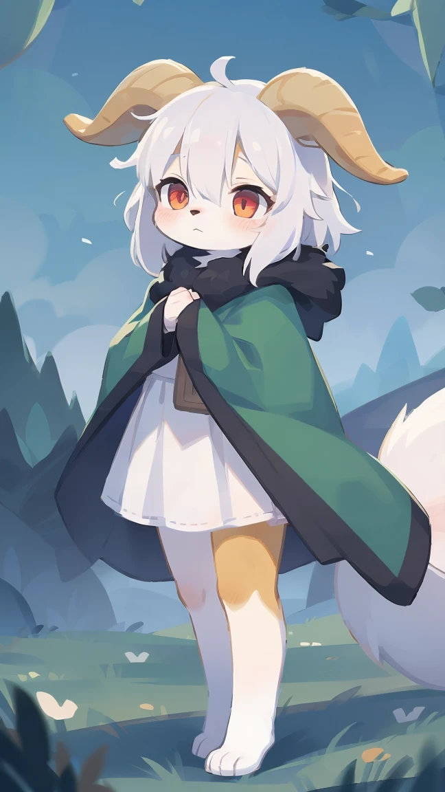 Rori the fox, riding on wolf, was hairy, shaggy, skin fur, smooth lashes, white fur, forelimb hands, straight long white hair, solid circle eyes, ((goat horns)), white facial fur, shiny hair, red eyes, super cute face, 1goat tail, fluffy tail, furry tail, glowing eyes, green cloak, white skirt, standing, sad face, ambient light, ultra-fine fur, dashed eyes, full body, masterpiece, high quality, high-details, best quality, wide short, (((solo)))