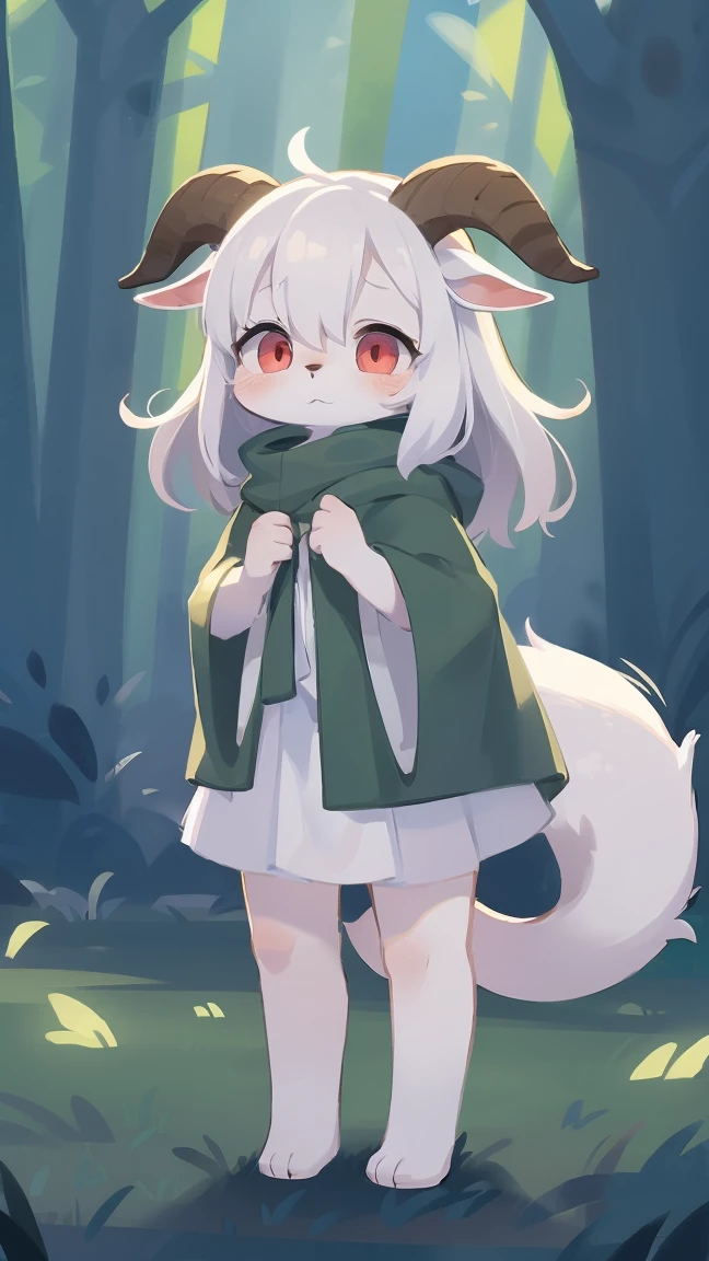 Rori the fox, riding on wolf, was hairy, shaggy, skin fur, smooth lashes, white fur, forelimb hands, straight long white hair, solid circle eyes, ((goat horns)), white facial fur, shiny hair, red eyes, super cute face, 1goat tail, fluffy tail, furry tail, glowing eyes, green cloak, white skirt, standing, sad face, ambient light, ultra-fine fur, dashed eyes, full body, masterpiece, high quality, high-details, best quality, wide short, (((solo)))