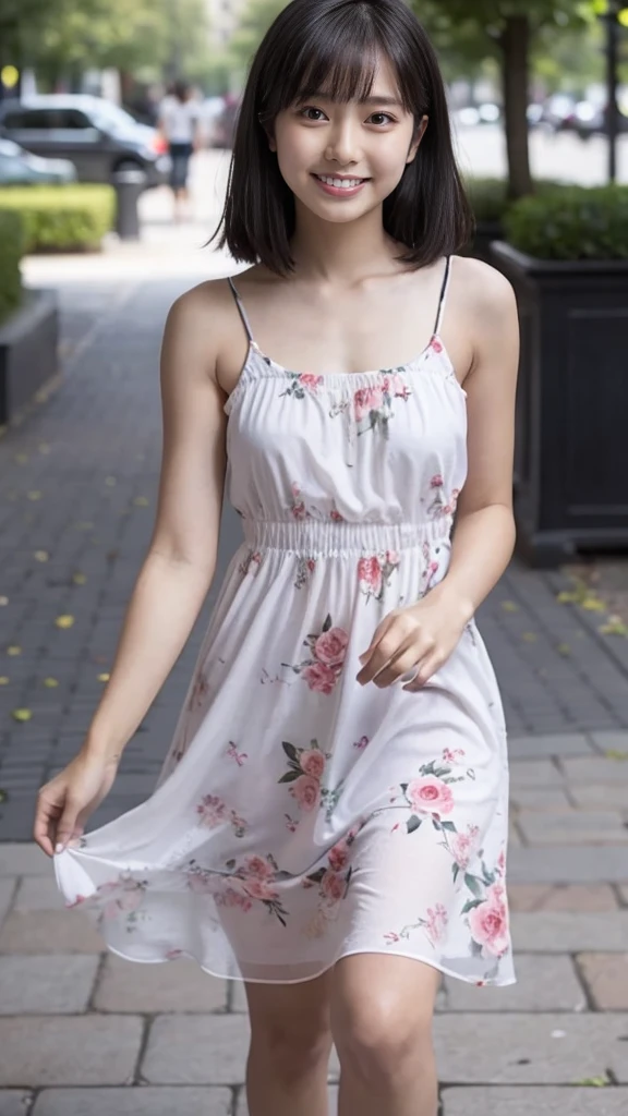 masterpiece, highest quality, disorganized, perfect anatomy, 1 girl, alone, pascal tales, short hair, beautiful, Hilarious, sunny day, botanical garden, Summer winds, sundress, Floral, wavy hair, smile