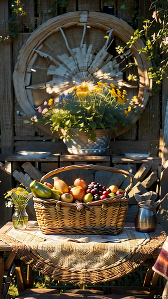 a picnic table with a bottle of wine, a basket of fruit, sunlit meadow, natural lighting, lush greenery, wooden table, woven basket, glass bottle, fruit arrangement, idyllic countryside, serene landscape, (best quality,4k,8k,highres,masterpiece:1.2),ultra-detailed,(realistic,photorealistic,photo-realistic:1.37),landscape,plein air painting,vibrant colors,soft lighting,natural shadows,warm tones