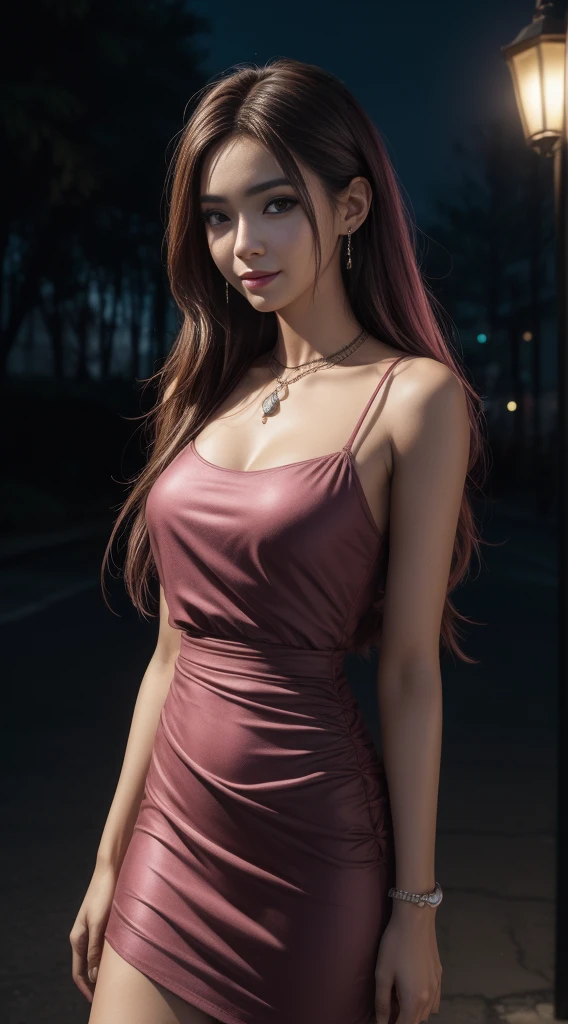 8K, obra maestra, foto cruda, mejor calidad, Fotorrealista, Fondo de pantalla CG unity 8k extremadamente detallado, profundidad de campo, cinematic light, destello de lente, trazado de rayos, (cara extremadamente hermosa, hermosos labios, ojos bonitos), cara con detalles intrincados, ((Piel ultra detallada)) 1 chica, en la oscuridad, sombra profunda, Bonita chica coreana, kpop idol, 1 chica, (Muy delgado and slender muscular body:1.3), ((ver al espectador)),(gran sonrisa:1.3), (Noche de moda, noche oscura, (neon lights sign), (fondo borroso), Noche de la calle de la moda),(No hay nadie en el fondo:1.3), Hermosos aretes, brazalete, collar, Pantys, ojos claros, Caminando, (pale skin), (ojos grandes), Mirar hacia adelante, (brown hairs), (tiro de cuerpo completo), ((Vestido rosa fuerte de seda:1.3)), ((vestirse bien)), ((vestido con cordones)), (ver al espectador:1.3) pecho abierto, Muy delgado, pechos medianos, volver, (Tiro de vuelta), enfoque culo, antes de las cejas,(Vestido apretado), muslos gruesos