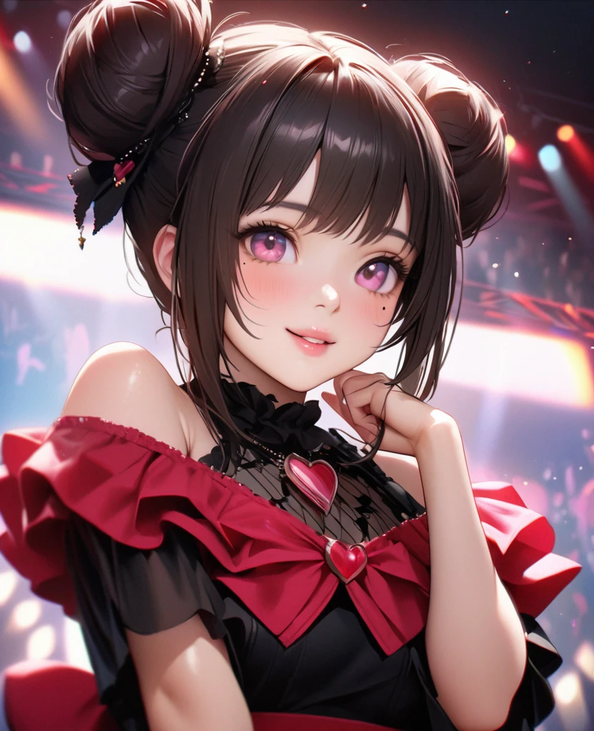 One Girl、Looking at the audience、lovely,
Beautiful pink eyes、Two brown double hair buns , Mole under the eye、Plump and glossy lips、Heart-shaped choca、Idol、Her name is Rico,smile、Hold the microphoneー、。.。.。.。.。.。.。.。.。.。.。.。.。.。.。.。.。.。.3D、Realistic、
off shoulder dress, Drape clothes、gem、The decoration has been removed、Floral、Lace trim,On a glittering stage、
masterpiece、highest quality、8k、Detailed skin texture、Detailed cloth texture、Beautifully detailed face、Intricate details、Very detailed、
超A high resolution、8k Ultra HD、Film Grain、Best Shadow、delicate、Gazing at the audience、front