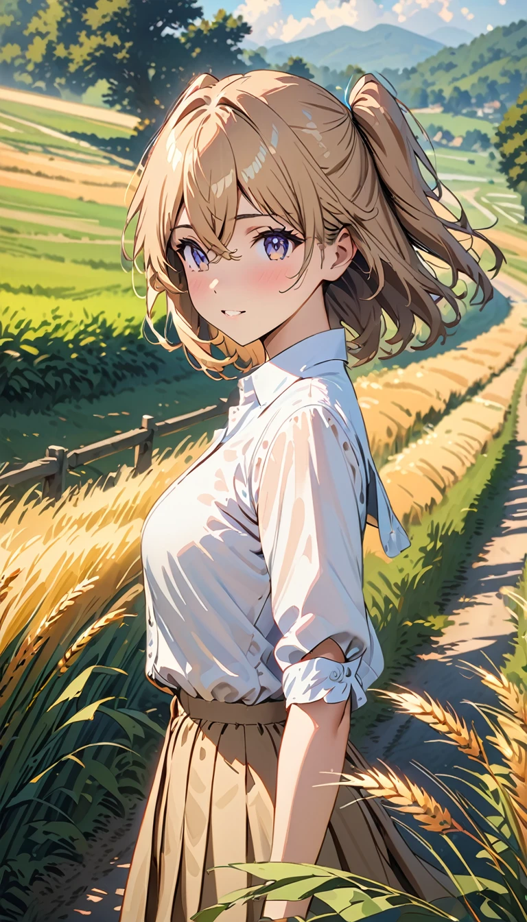 ((Top Quality)), ((Masterpiece)), (Detail), high resolution, Perfect Face, Fine Eyes, Depth of Field, Special Shading, cowboy shot, (1 Beautiful girl), medium breasts, (wheat beige hair, medium hair, two side up, hairs between eyes, crossed bangs)), , dress shirt, pleated skirt, Scenery of the countryside, anime style