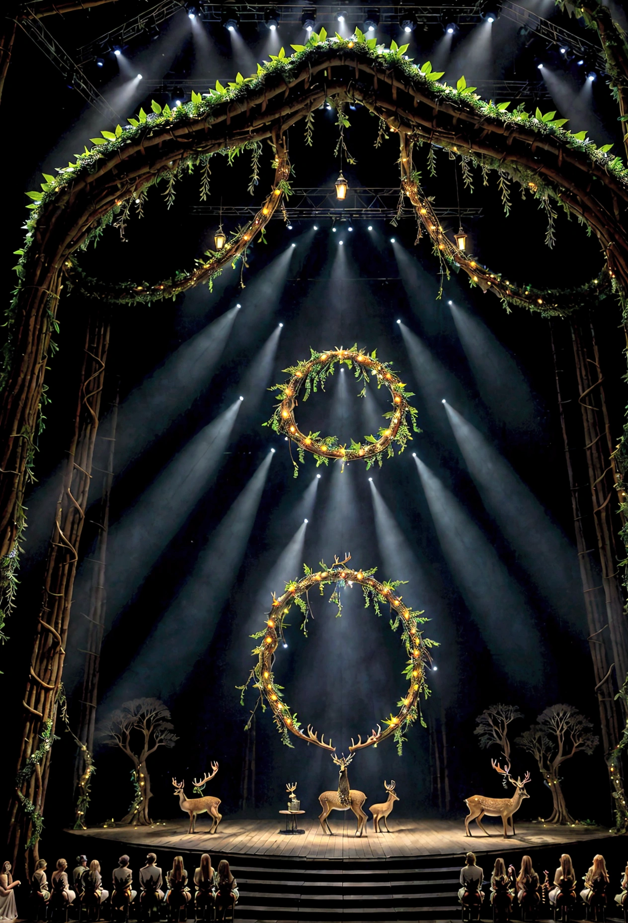 A captivating, magically enchanted forest scene set on a drama stage. The stage is adorned with an elaborate set design, including large tree trunks, vines, and flowers. Spotlights create a magical glow on the stage, and a hazy mist gives a sense of mystique. The audience is seated in the background, completely immersed in the enchanting atmosphere. The forest creatures, such as a majestic deer and luminescent butterflies, can be seen in the scene, adding to the overall magic and wonder.