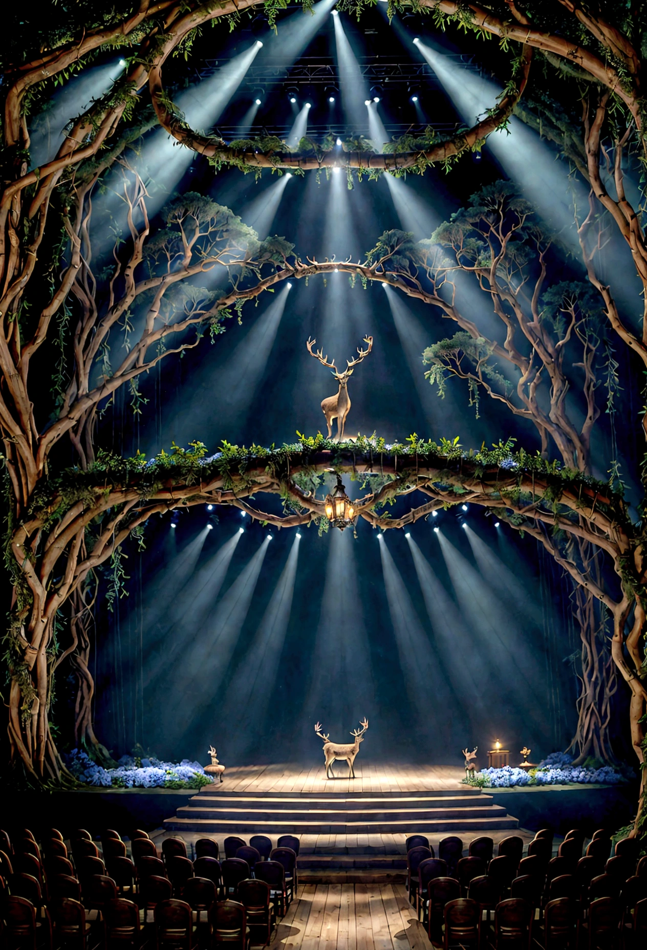 A captivating, magically enchanted forest scene set on a drama stage. The stage is adorned with an elaborate set design, including large tree trunks, vines, and flowers. Spotlights create a magical glow on the stage, and a hazy mist gives a sense of mystique. The audience is seated in the background, completely immersed in the enchanting atmosphere. The forest creatures, such as a majestic deer and luminescent butterflies, can be seen in the scene, adding to the overall magic and wonder.