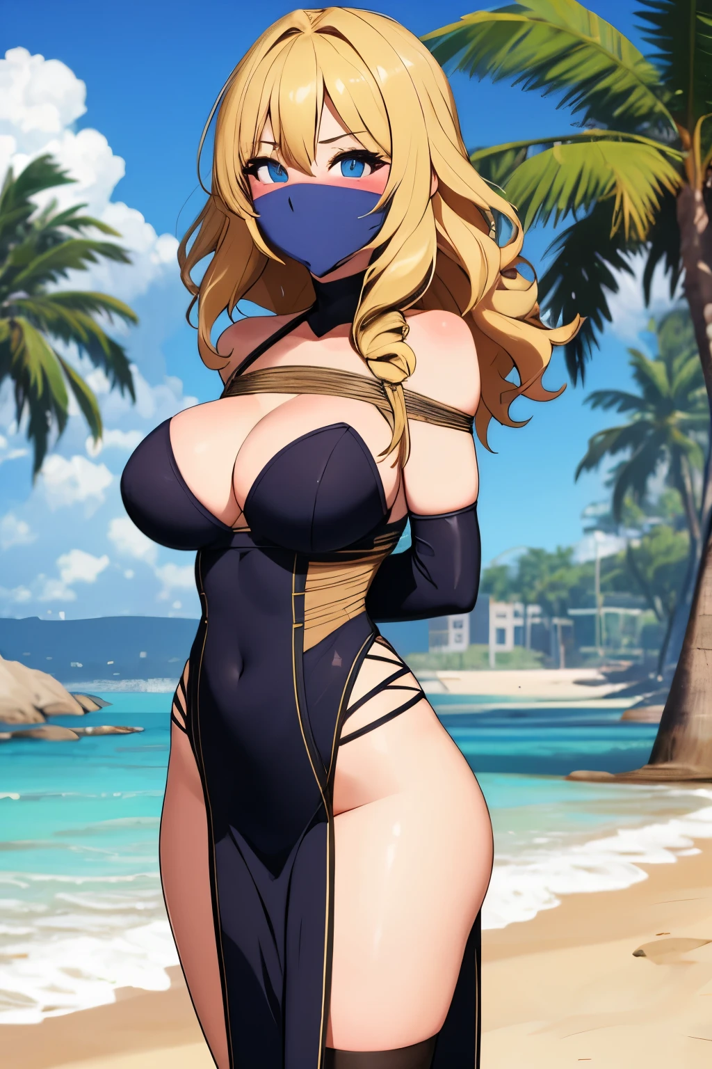 1 girl, detailed blue eyes, lange wimpern, detailed beautiful face, a Bit curly hair, (Long blonde hair:1.4), (arms behind back:1.6), gefesselte Arme, blushing, (Big boobs:1.1), (rotes figurbetontes Kleid, Permissive, viel haut:1.4), OTN, Gag, gagged, shibari, tied Gag, standing at a beach