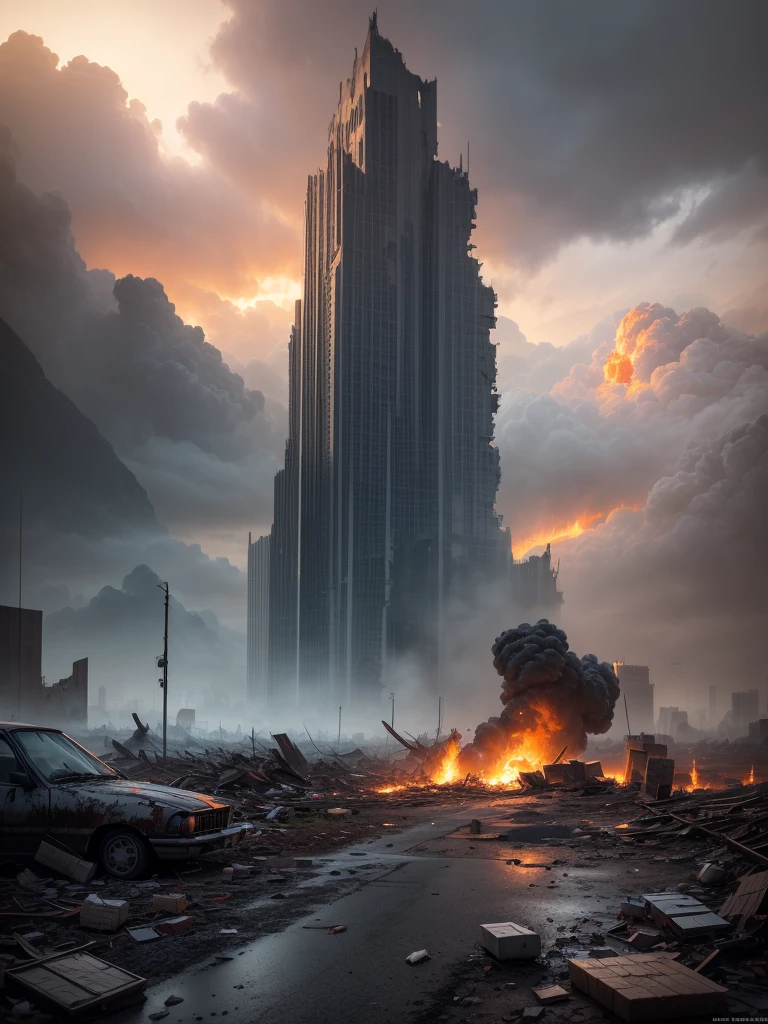 (Best quality,4K,8K,high resolution,Masterpiece:1.2),Super detailed,(Realistic,photoRealistic,photo-Realistic:1.37),Apocalypse scene,Destroyed cities, Burning meteor shower, Falling meteor, Explosion, Smoke, Raging fire, destroy, Desolate landscape, ruins, Crumbling buildings, Collapsed bridges, Abandoned vehicles, Survivors seek asylum, extreme chaos, Debris flew in the air, Broken glass, billowing black Smoke, Glowing Embers, Demolished skyscraper, Crumbling infrastructure, apocalyptical sky, Dark and ominous, Destroyed landmarks, Remnants of civilization, Unforgettable aftermath, intense destroy, big influence, 遭到destroy的环境, surreal atmosphere, Chaotic scenes, chaotic cityscape, Catastrophic, 史诗般的destroy, The aftermath of the cataclysm, Post-apocalyptic world, Wasteland, Smoking rubble, ruins of civilization, eerie silence, Dramatic Landscape, cinematic destroy, The horror of the end of the world, Disturbing visuals, Dusk or twilight lighting.Overlooking。