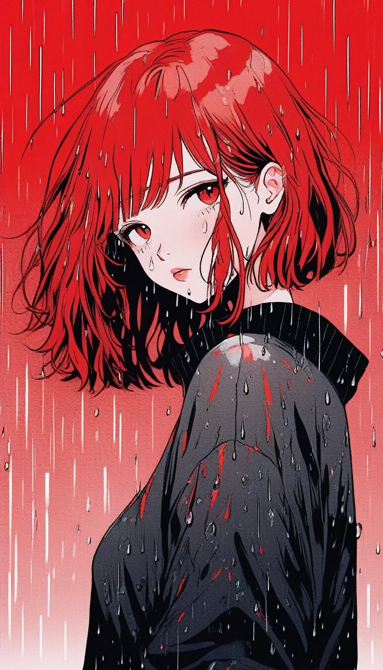 Illustrator, anime , Realistic ,sketch , Abstract rain on background、1 girl, ,lip, sweater,order, Red gradient background, Red Hair,Short Bob、blacktshirt、Textured Trim, Canadian, (masterpiece,Highest quality) Cancer