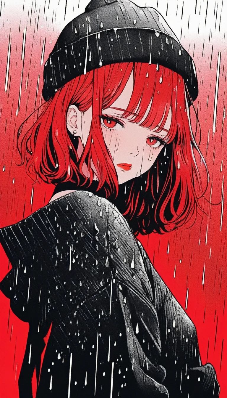 Illustrator, anime , Realistic ,sketch , Abstract rain on background、1 girl, ,lip, sweater,order, Red gradient background, Red Hair,Short Bob、blackｔshirt、Textured Trim, Canadian, (masterpiece,Highest quality) Cancer